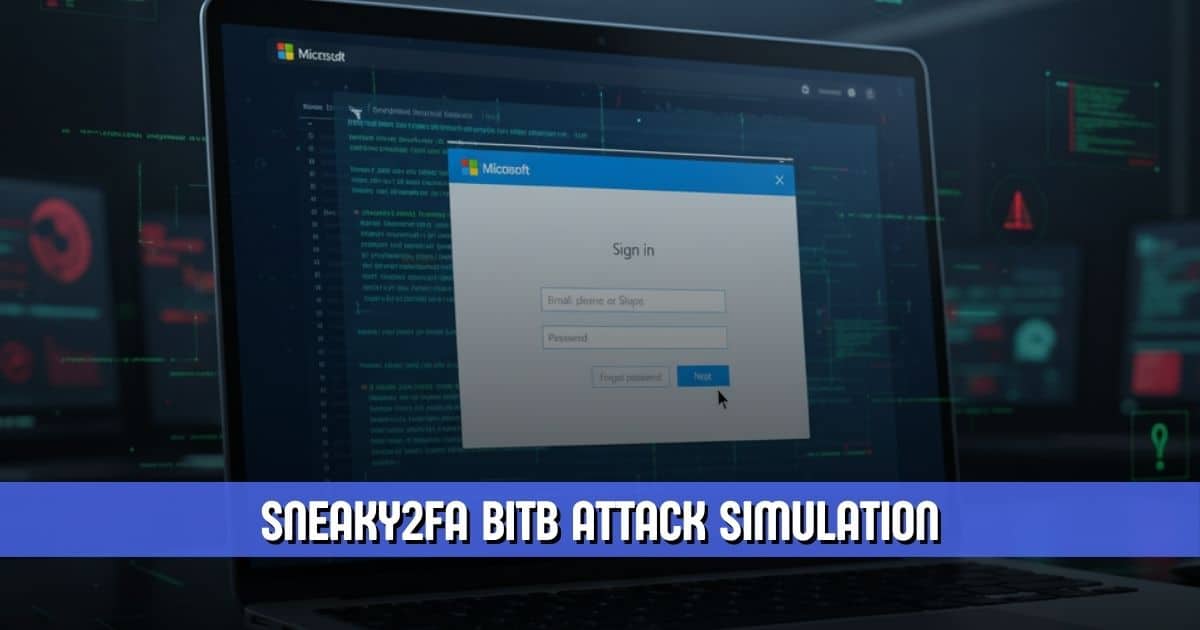 Illustration of a Sneaky2FA Browser-in-the-Browser phishing pop-up mimicking a Microsoft login window.