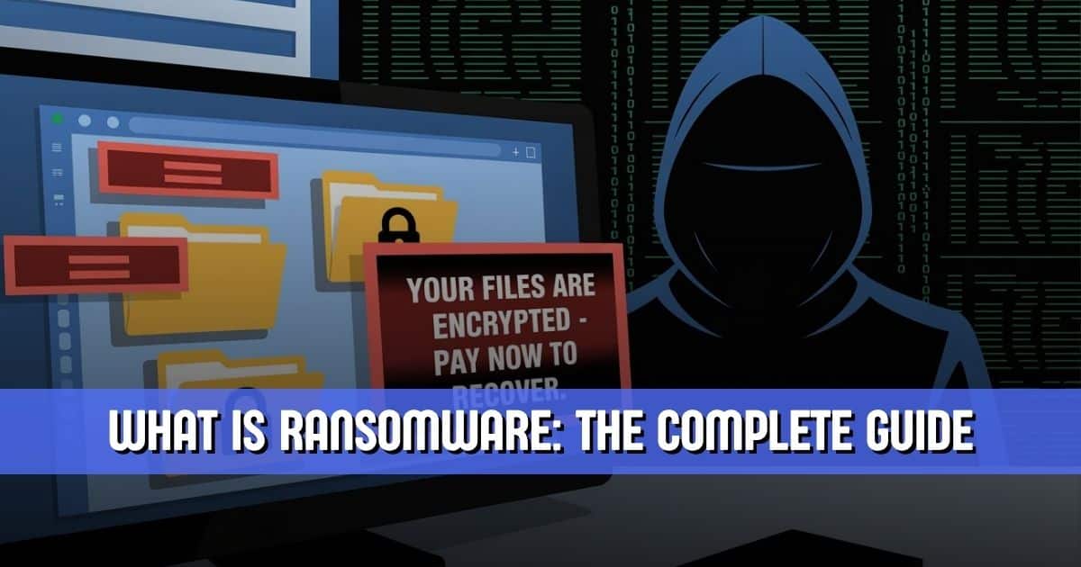 Conceptual illustration of what is ransomware with encrypting files with digital ransom note on a computer screen.
